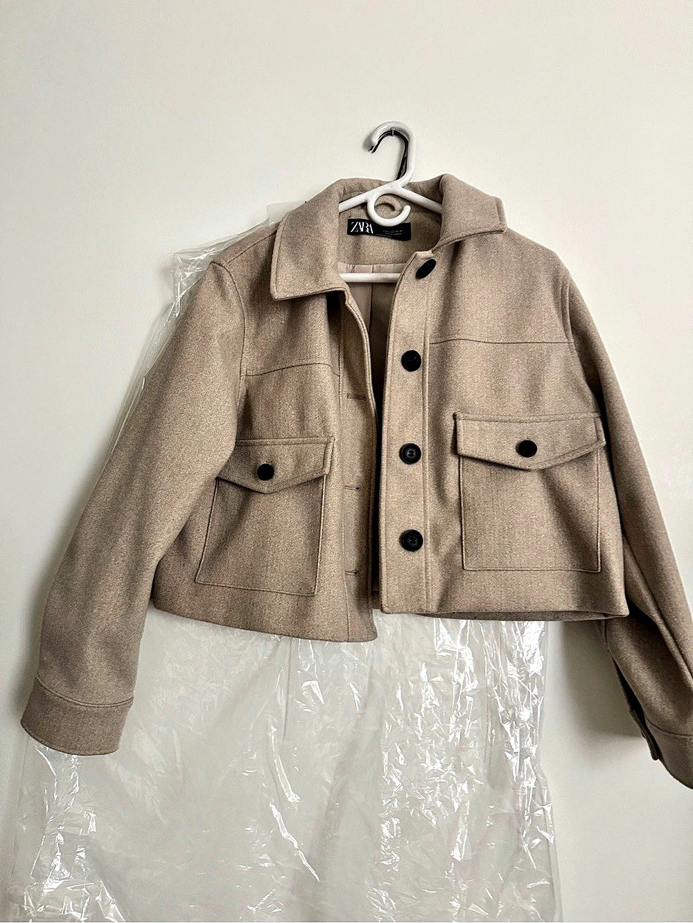 Zara ZW Collection Wool-Blend Short Coat Beige